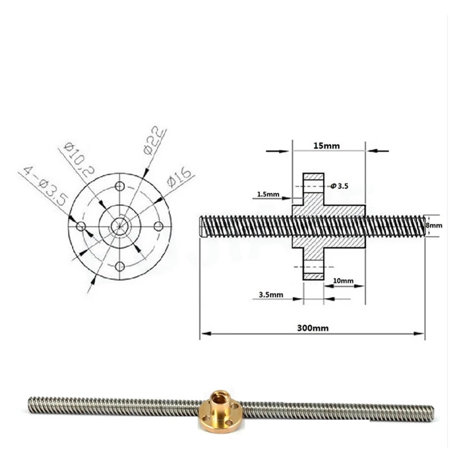Metal Ball Screw nut T8 Lead Screw Trapezoidal Rod Lead 8mm Length 100mm-1000mm with Copper Nut(100mm)