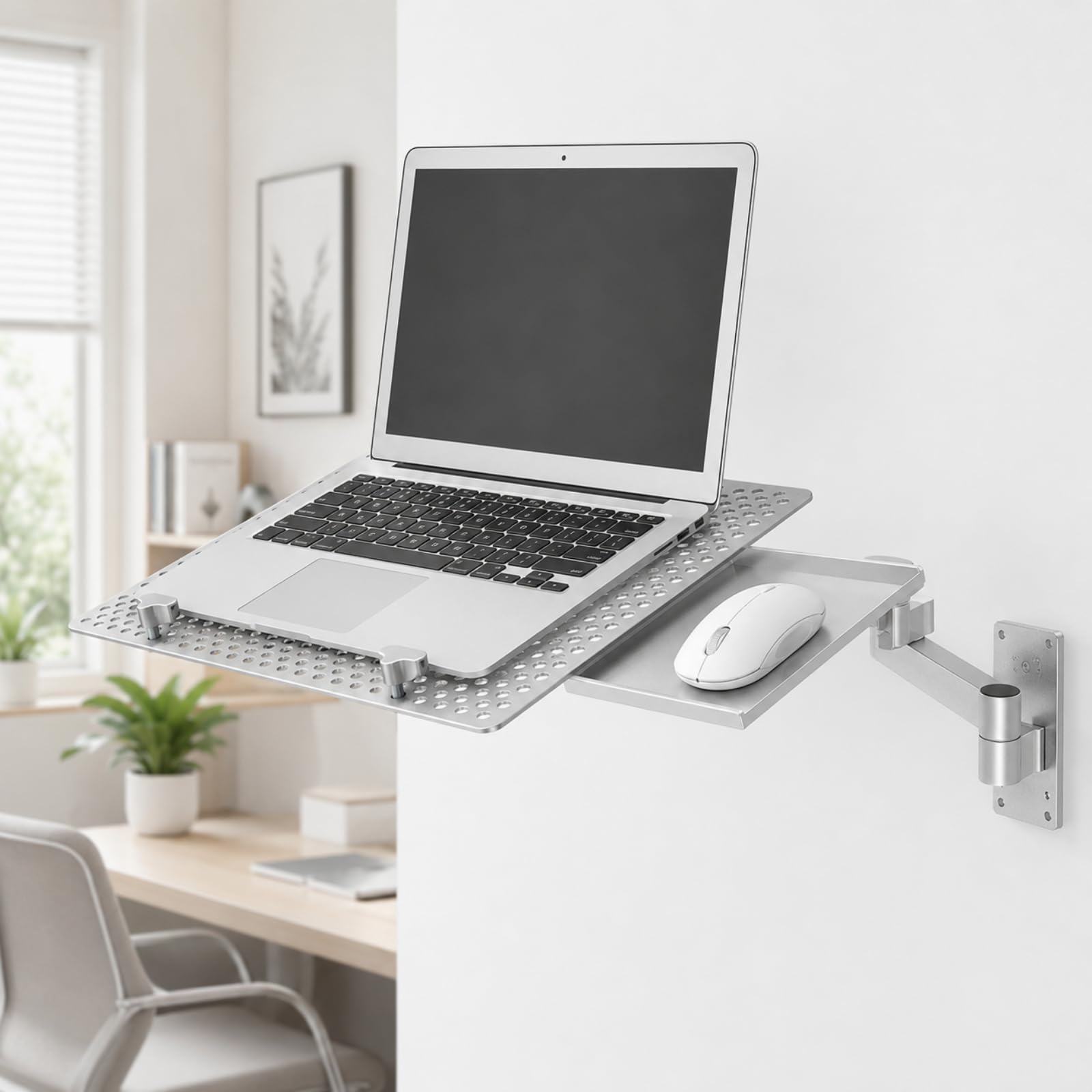 Support Mural Pliable pour Ordinateur Portable, avec Plateau pour Souris, Rotation sur 3 Axes, Capacité De Charge 8 Kg, Plateforme De Refroidissement Ventilée, pour Chambres, Bureaux, Usines.