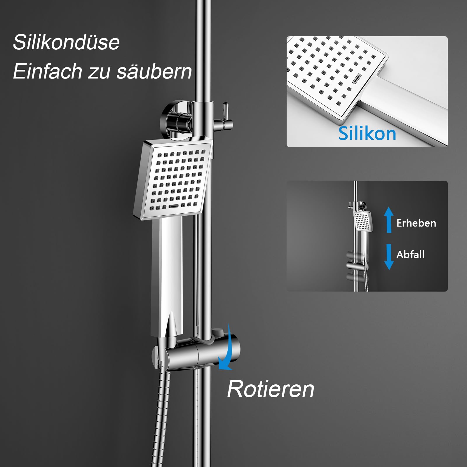 KOMIRO Duschset mit Armaturen, Duschsystem, Regendusche mit Einhebelmischer-Brausearmatur, verstellbarer Brausestange und quadratischem Duschkopf, Silber, Quadrat