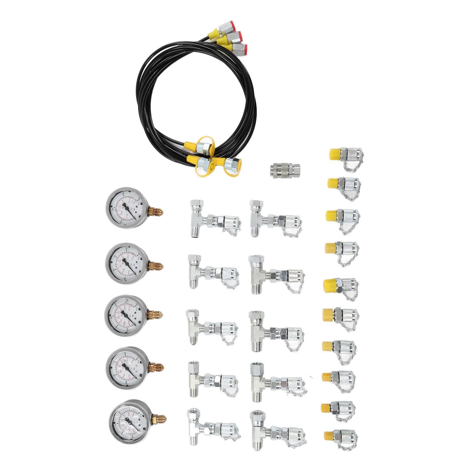lyrlody Kit de Prueba de Presión Hidráulica Juego de Manómetros de Acero Inoxidable con 5 Manómetros, 3 Mangueras, 11 Acoplamientos, 10 Conectores en T para Pruebas de Presión del Hidráulico de