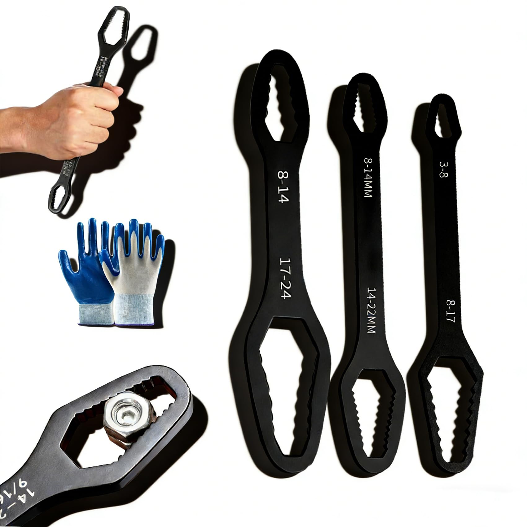 Double-Ended Torx Wrench, Universal Automotive Wrench 8-24mm Self-Tightening Adjustable, Multi-Size Torque Wrench Tool for Car Repair, Bike, Plumbing, Home Maintenance (3Pcs * Black)