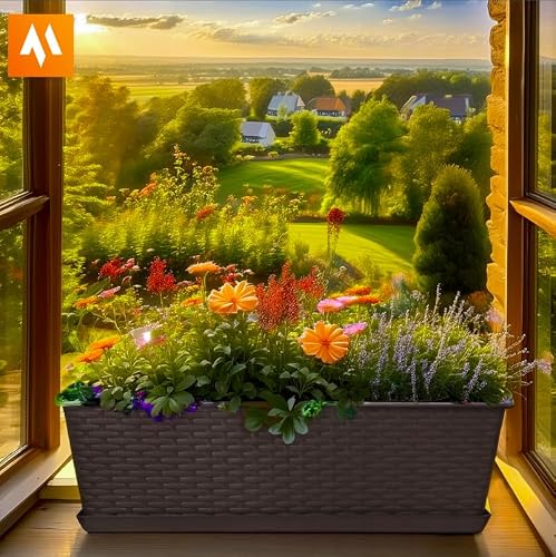 OMAGO® Zestaw 4 doniczek balkonowych 40 cm rattanowych z systemem zawieszenia i podstawką, donice na poręcz do kwiatów i roślin, eleganckie skrzynki balkonowe, kolor brązowy