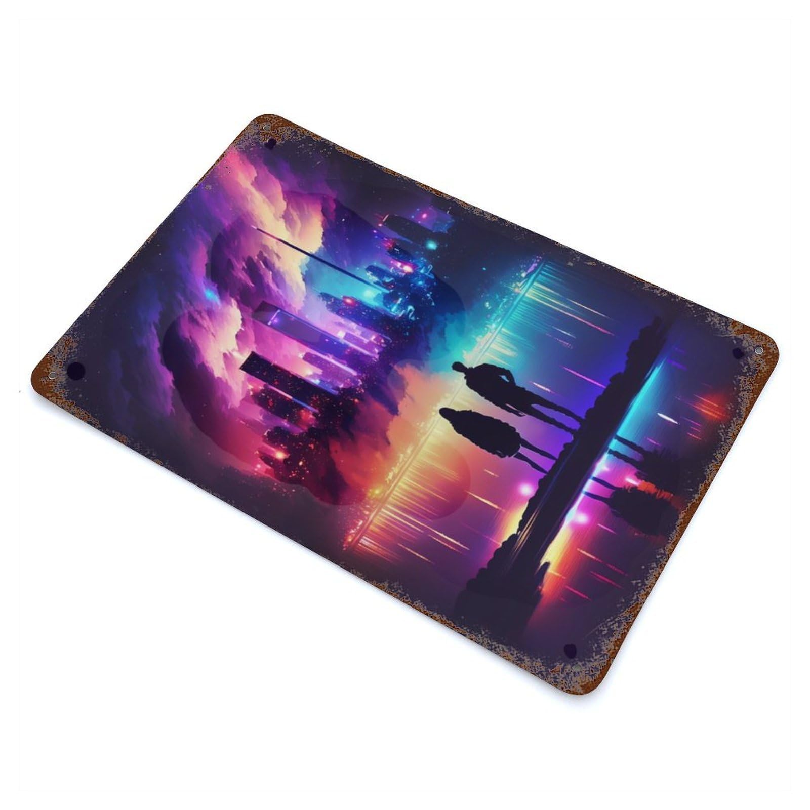 Neon Night Landscape Decorative Tin Sign 11.8"x7.9", for Cafe, Home Bar And Lounge Decor, Decorative Metal Wall Art