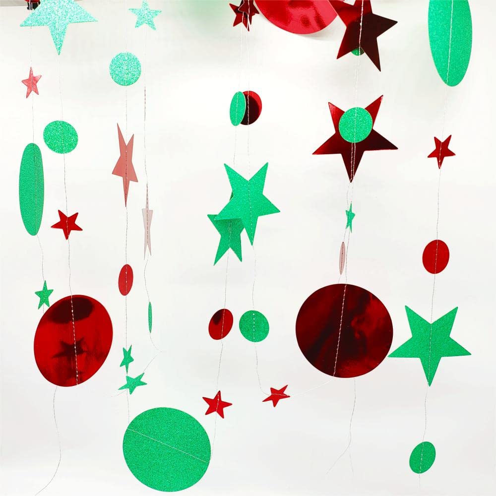 JEYE Red Green Circle Dots Twinkle Star Party Garland Banner Decoration Paper Hanging Streamer Bunting Backdrop Decor for Birthday Wedding