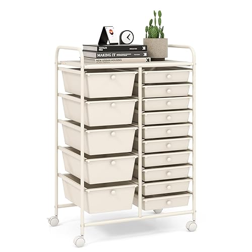 LDAILY 15 Drawer Rolling Storage Cart, Rolling Cart with Drawers for Classroom, Art Supply Craft Organizer on Wheel with Metal Frame & Handles for Home Office School - 15 Drawer - White