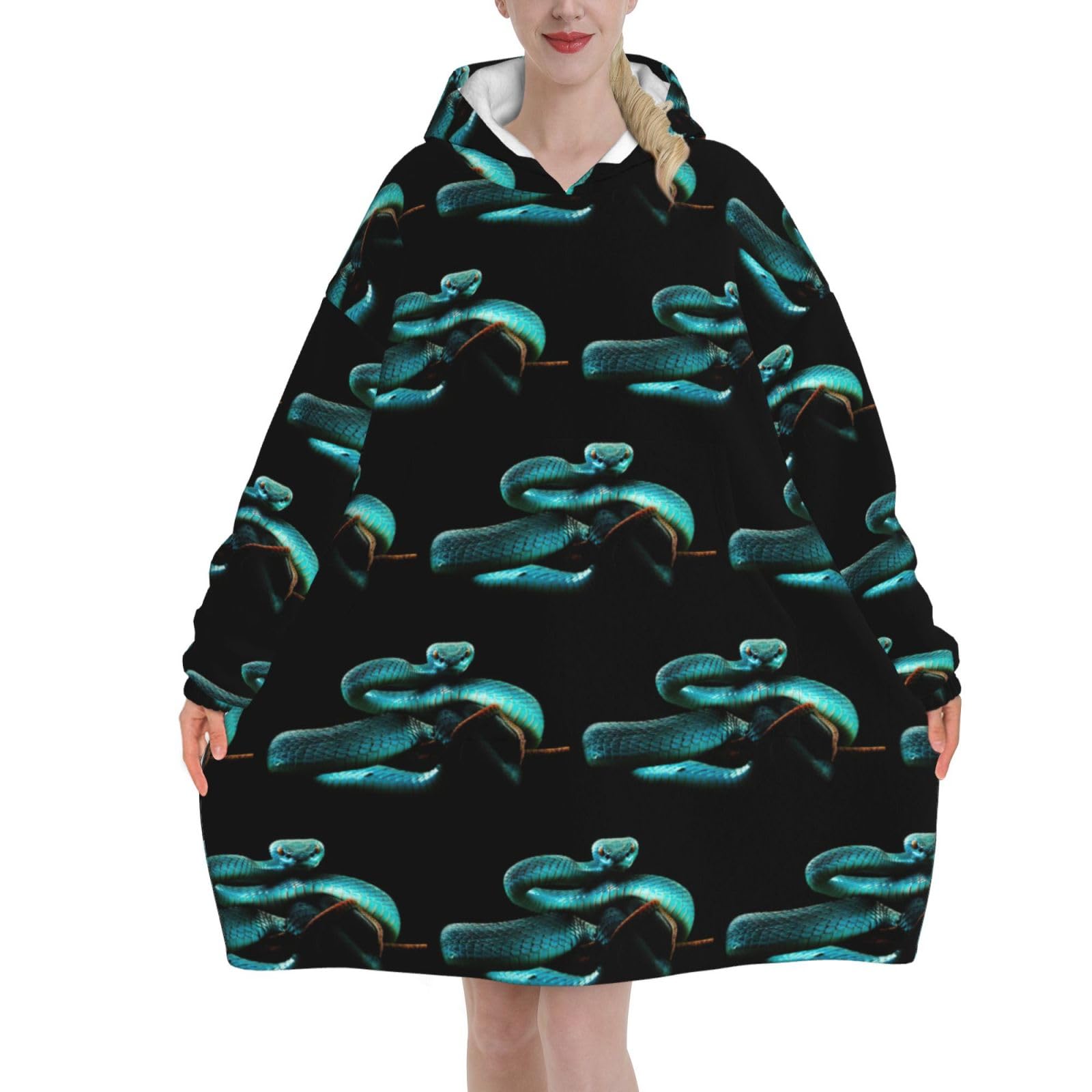 Blue Snake Plush Adult Blanket Hoodie With Kangaroo Pocket,Soft Anti Pilling Flannel Cozy Loungewear