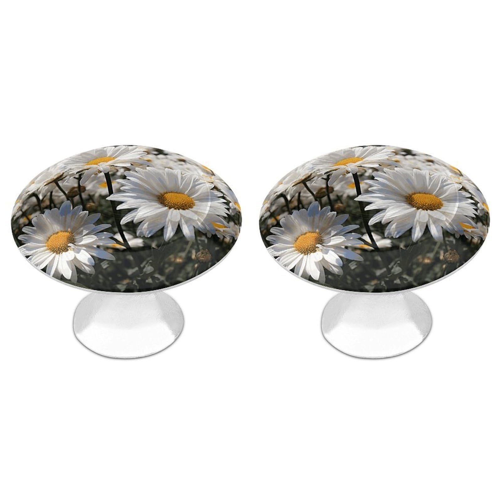FekiLoot Wild White Daisies Cabinet Knobs Personality Stainless Steel Round Drawer Handles Circle Modern Cabinet Handles Drawer Knobs for Kitchen Dresser Bathroom Cupboard Furniture