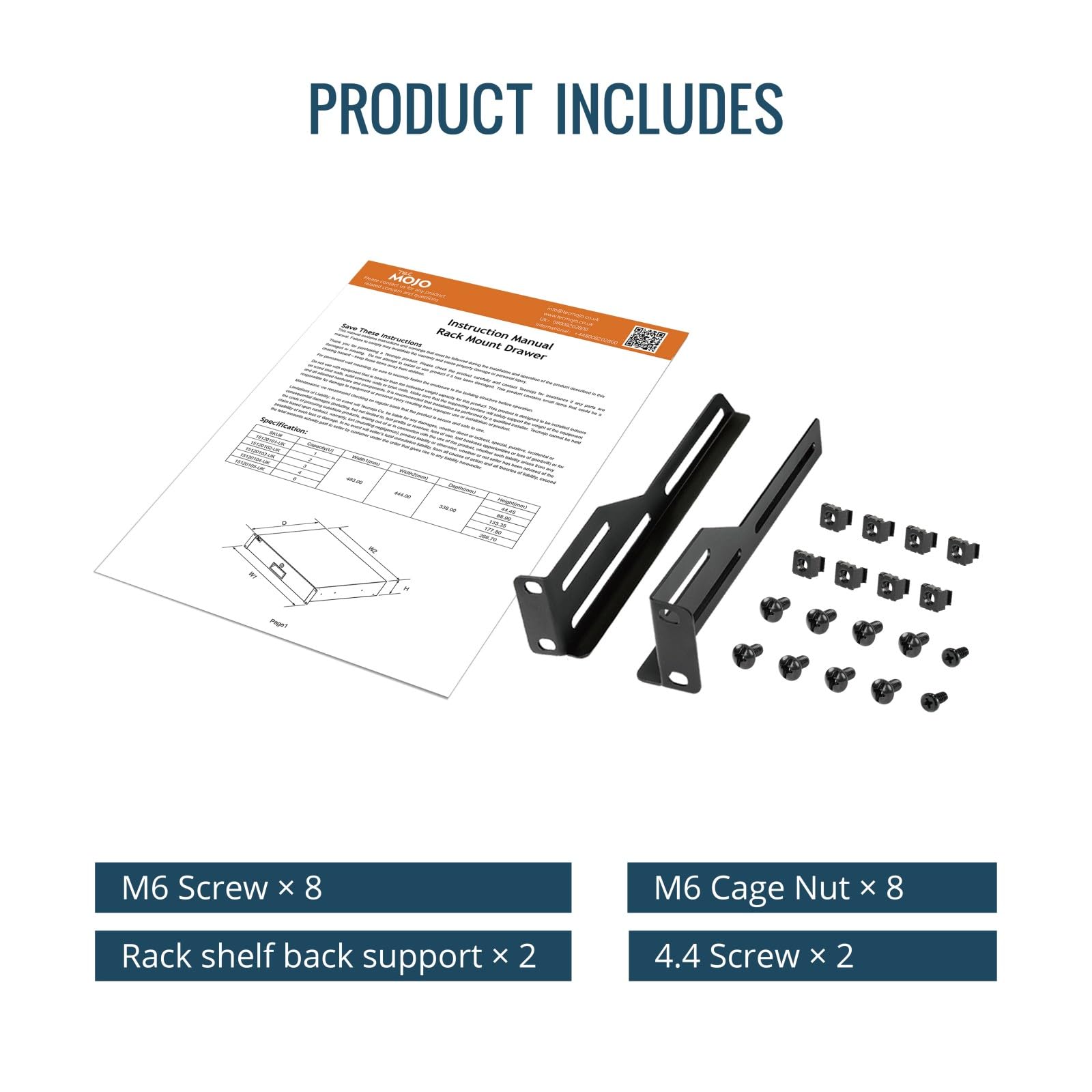 Tecmojo 2U Tiroir Rack, pour Armoires 19 Pouces, Verrouillable avec Support Arrière, Capacité de Charge 10kg, Ouvertures pour Gestion des Câbles, Noir