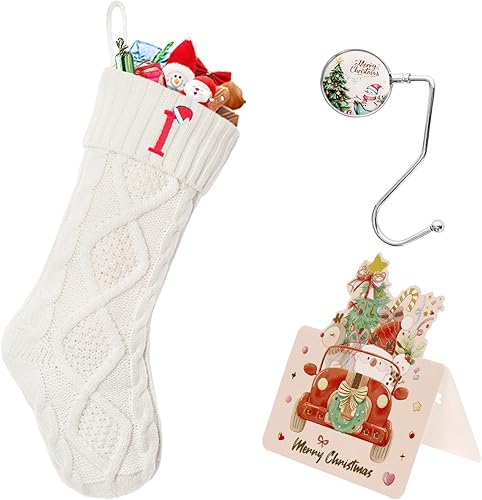 Miniatura 10 de Monograma personalizado de calcetín de Navidad, calcetines de Navidad de punto blanco grande (R)