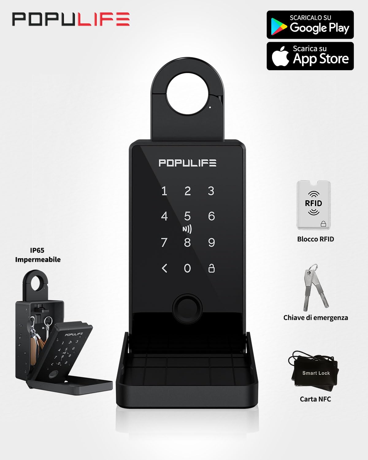 Populife Cassetta Chiavi con Impronta Digitale, Smart Key Box per Esterni, Cassetta Sicurezza Chiavi Con Accesso Remoto Wireless Per Casa, Ufficio E Airbnb Per Agenti Immobiliari, Funziona Offline