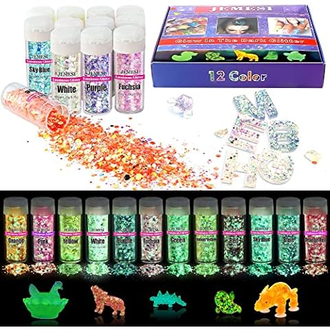 Fluorescent Glitter, JEMESI 12 Color Luminous Holographic Chunky Craft Glitter Set for Resin Crafts, Body, Face, Nail Art, Slime, Epoxy Tumbler, and Party Decoration Cover