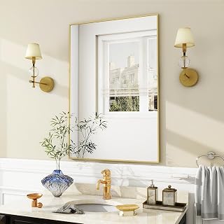 BEAUTYPEAK 20x28 Gold Framed Rectangular Wall Mirror - Hangs Horizontal/Vertical, Shatterproof Aluminum for Bathroom Bedroom Living Room