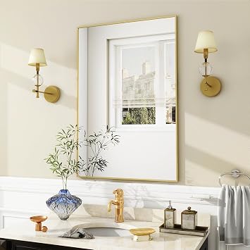 BEAUTYPEAK Wall Mirror, 24" x 36" Gold Rectangular Bathroom Mirror with Metal Frame, Hangs Horizontal or Vertical for Living Room Bedroom Bathroom Entryway