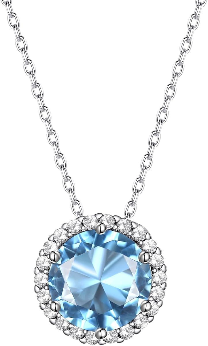 Bestyle Sparkling 925 Sterling Silver Birthstone Necklaces for Women, Created Heart/Round/Teardrop/Square Crystal Solitaire Pendant Diamond Necklace, Great Birthday/Anniversary/Wedding Gifts