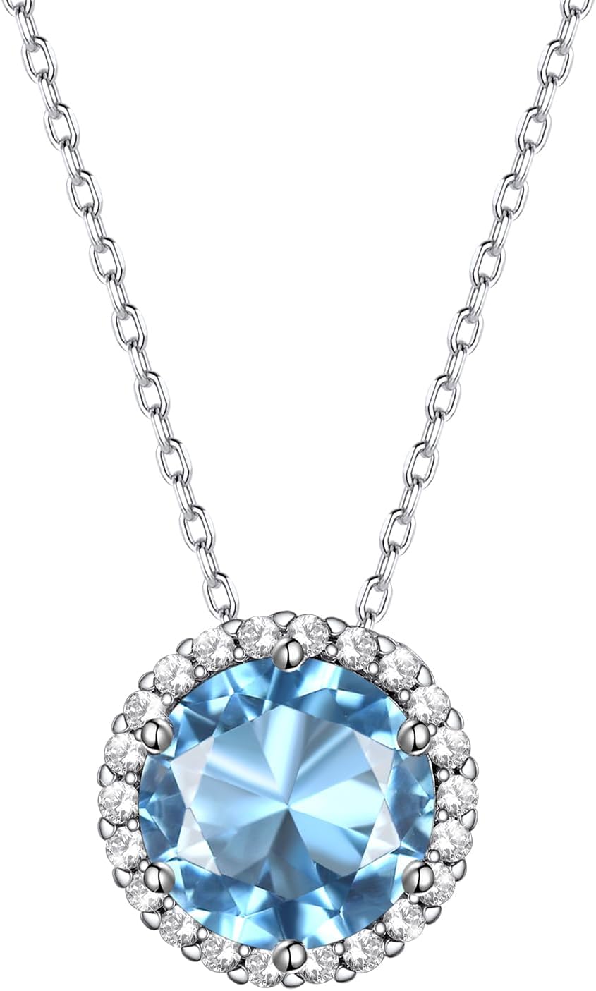 Bestyle Sparkling 925 Sterling Silver Birthstone Necklaces for Women, Created Heart/Round/Teardrop/Square Crystal Solitaire Pendant Diamond Necklace, Great Birthday/Anniversary/Wedding Gifts