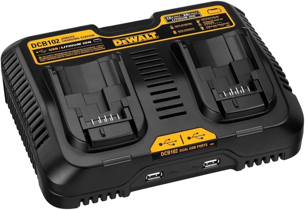 DEWALT Cargador de batería MAX de 12/20 V, con cable, estación de carga dual, 2 puertos USB incluidos (DCB102)