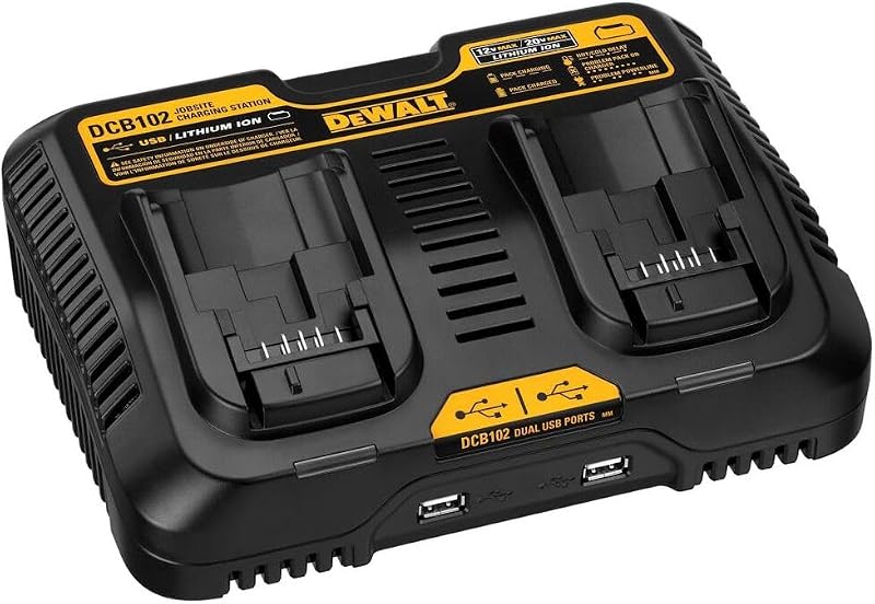 DEWALT Cargador de batería MAX de 12/20 V, con cable, estación de carga dual, 2 puertos USB incluidos (DCB102)