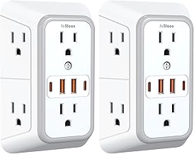 2 Pack Wall Charger, Surge Protector 6 Outlet Extender Multi Plug Wall Outlets with 4 USB Charging Ports (2 USB C Outlet) 3 Sided 1050J Power Strip Wall Adapter Spaced for Home Travel Office