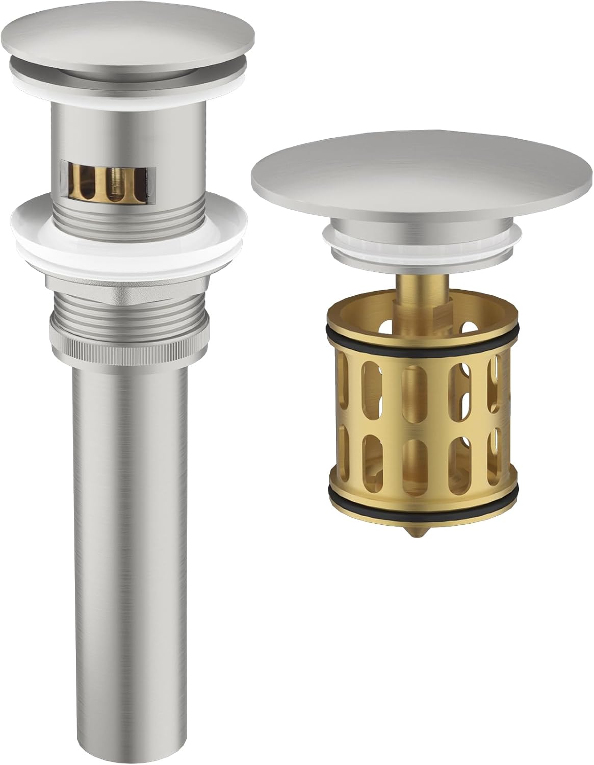 Bathroom Pop up Drain Without Overflow, Anti-Clogging Vessel Sink Drain Strainer, Pop Up Drain with Detachable Basket, Hair Catcher Bathroom Sink Drain Stopper(Brushed Gold, No Overflow)