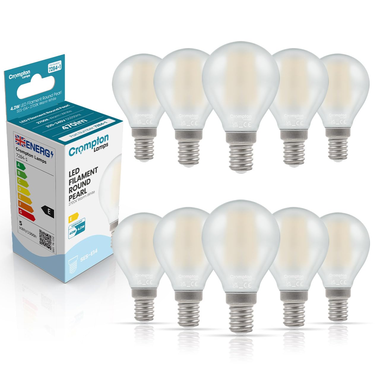 Crompton Lamps Filament Golfball LED Light Bulb SES-E14 | 4.2W = 40W Equivalent | Warm White 2700K | Energy Efficient | Small Screw Lightbulb | Long Life 10,000-Hrs | Pearl Glass | Dimmable | 10-Pack