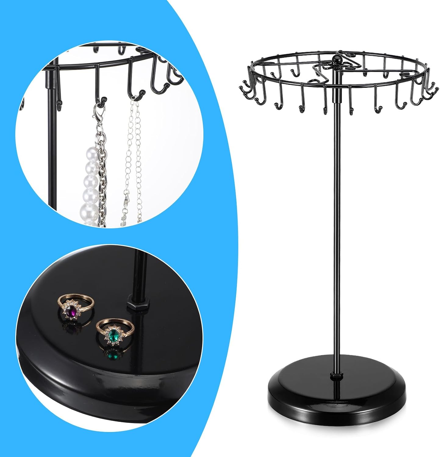 2 Pack Rotating Jewelry Tree Stand, 14.38-Inch Metal Necklace Holder Organizer with 23 Hooks for Tangle-Free Display, Black image 4