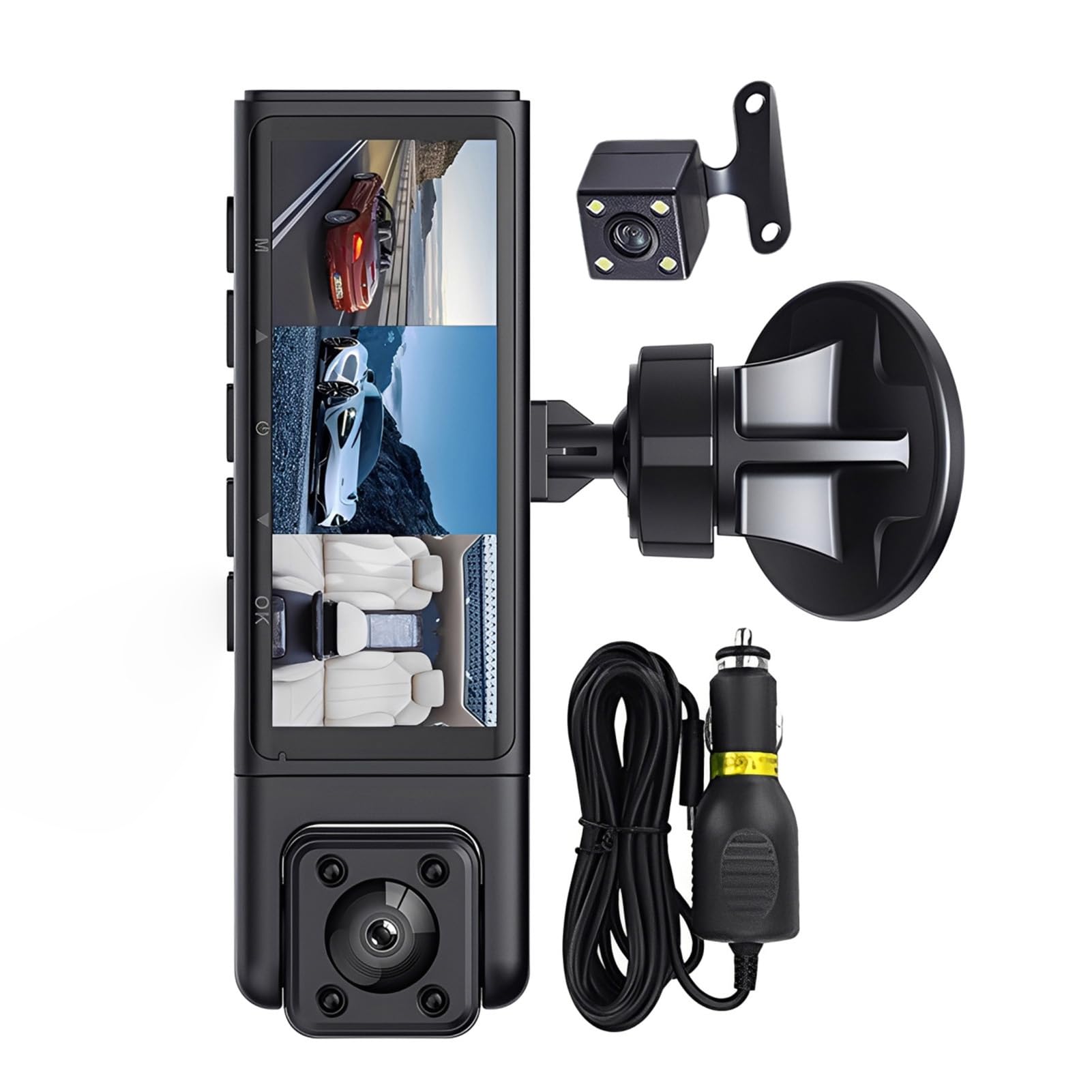 Telecamera interna anteriore e posteriore 1080P Registrazione HD per auto 3 telecamere Dash Cam Registrazione in loop Supporto APP per telefono Wi-Fi Schermo diviso