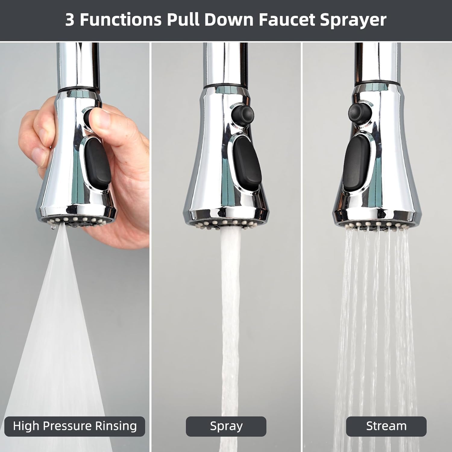 Hibbent Pull Down Spray Head for Kitchen Faucet, NSF/ANSI/CAN 61 & CUPC Certified 3-Function Spray Nozzle, 15 Adapters, Sink Faucet Head Replacement Compatible with Moen, Delta, Kohler, Chrome