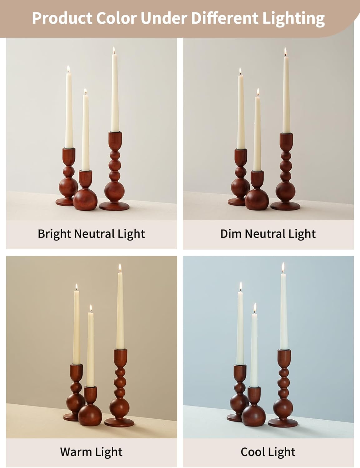 NUPTIO Candlestick Holders for Home Decor: Set of 3 Wood Taper Candle Holders for Thanksgiving Table Centerpieces - Mid Century Modern Caramel