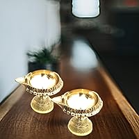 Vista 6 de athizay Juego de diya de latón – Paquete de 2 lámparas de aceite tradicionales indias para Pooja, Diwali y decoración espiritual Vilakku de latón
