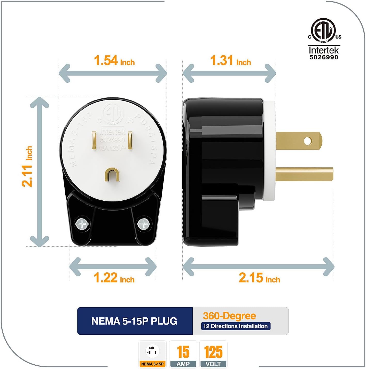 ETL Listed 90 Degree USA Canada 3 Pole Right Angle Nema 5-15P AC Plug, 15A 125V