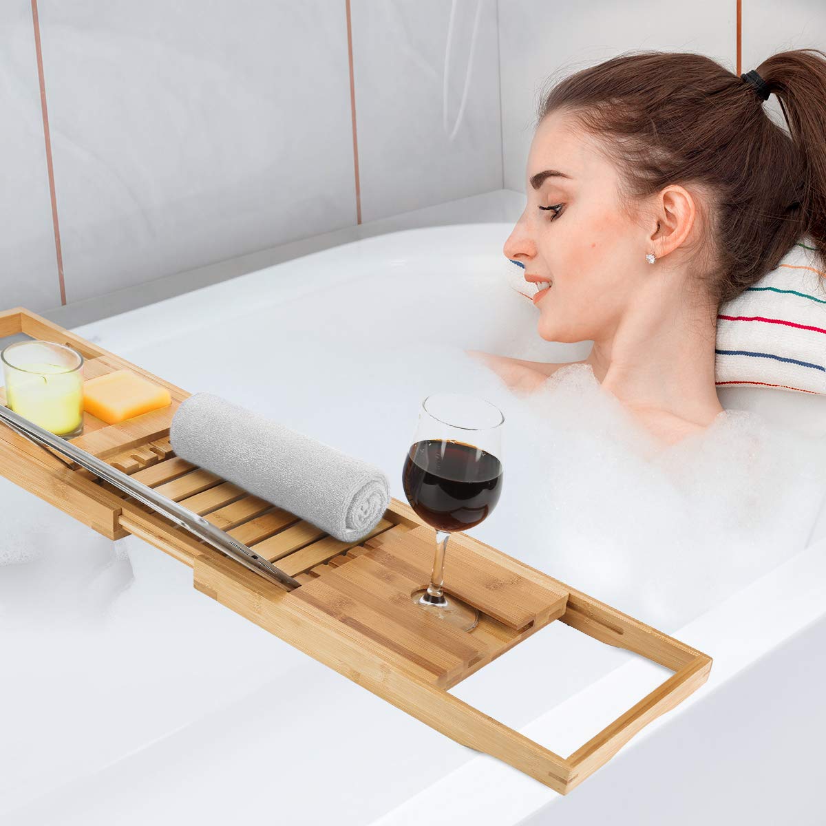 Woodluv Premium Bath Caddy with Extendable Arms, Candle Slot, Wine