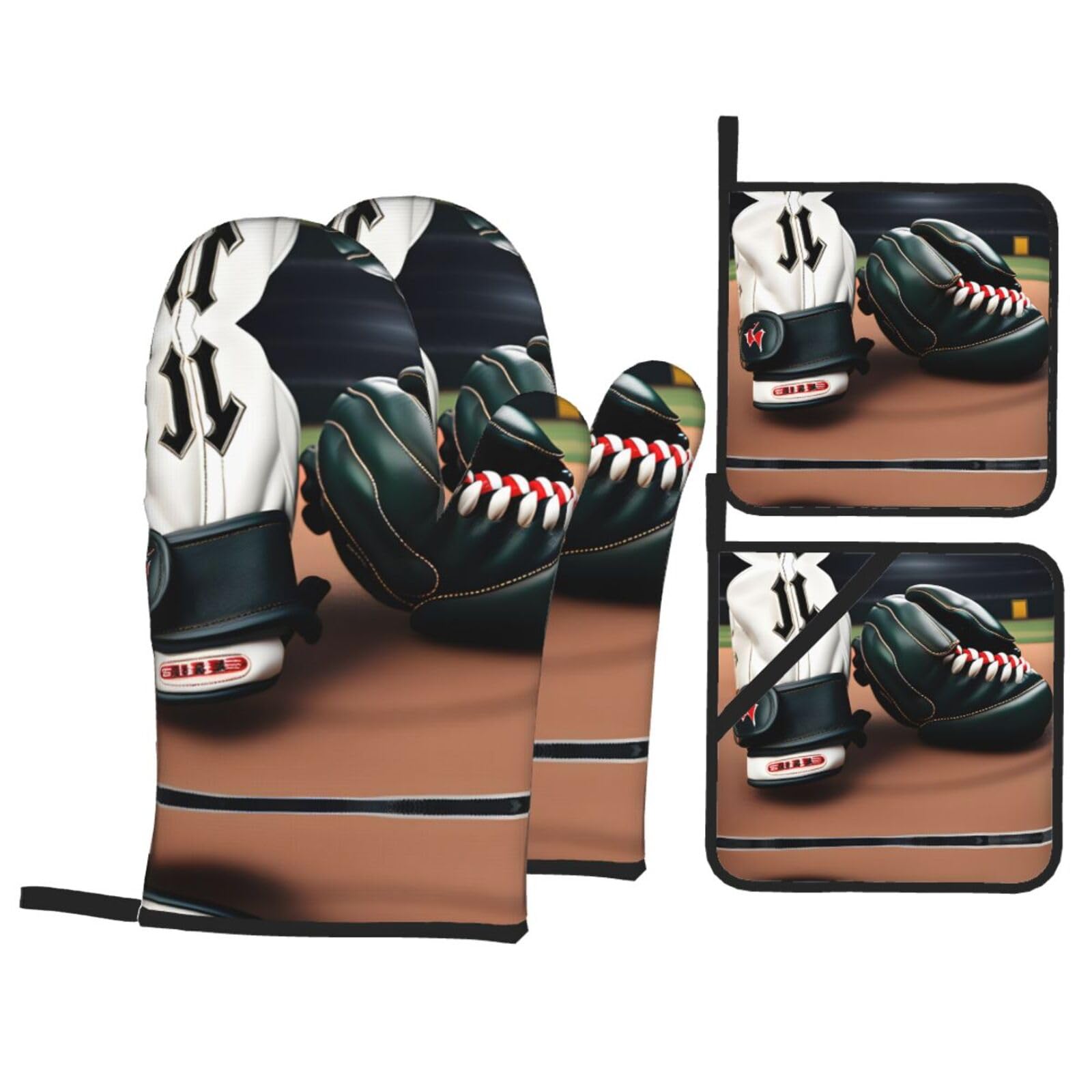baseball and Gloves Print Stylish 4-Piece Microwaving Oven Waterproof Kitchen Gloves Baking Holiday Cooking