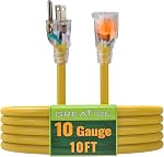 50 Ft Lighted Outdoor Extension Cord - 10/3 SJTW Heavy Duty Black Extension Cable with 3 Prong Grounded Plug for Safety, UL Listed