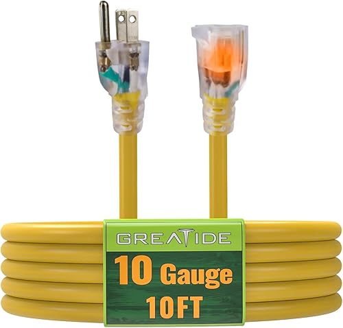 Miniatura 17 de Cable de extensión iluminado para exteriores de 50 pies - Cable de extensión amarillo resistente SJTW 10/3 con enchufe de conexión a tierra de 3