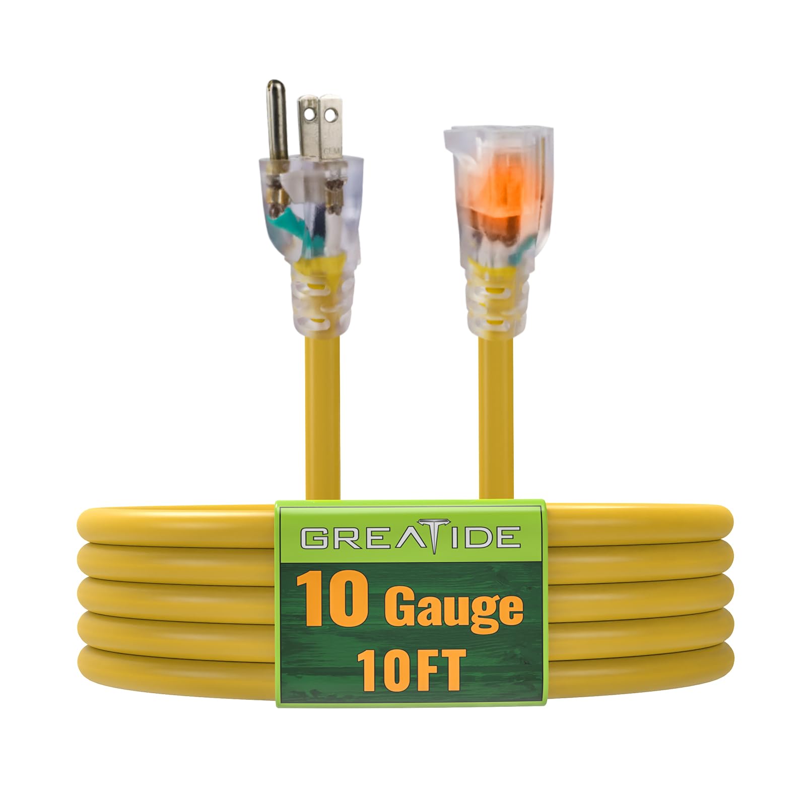 Cable de extensión iluminado para exteriores de 10 pies – 10/3 SJTW cable de extensión amarillo resistente con enchufe de tierra de 3 puntas para mayor seguridad, listado UL