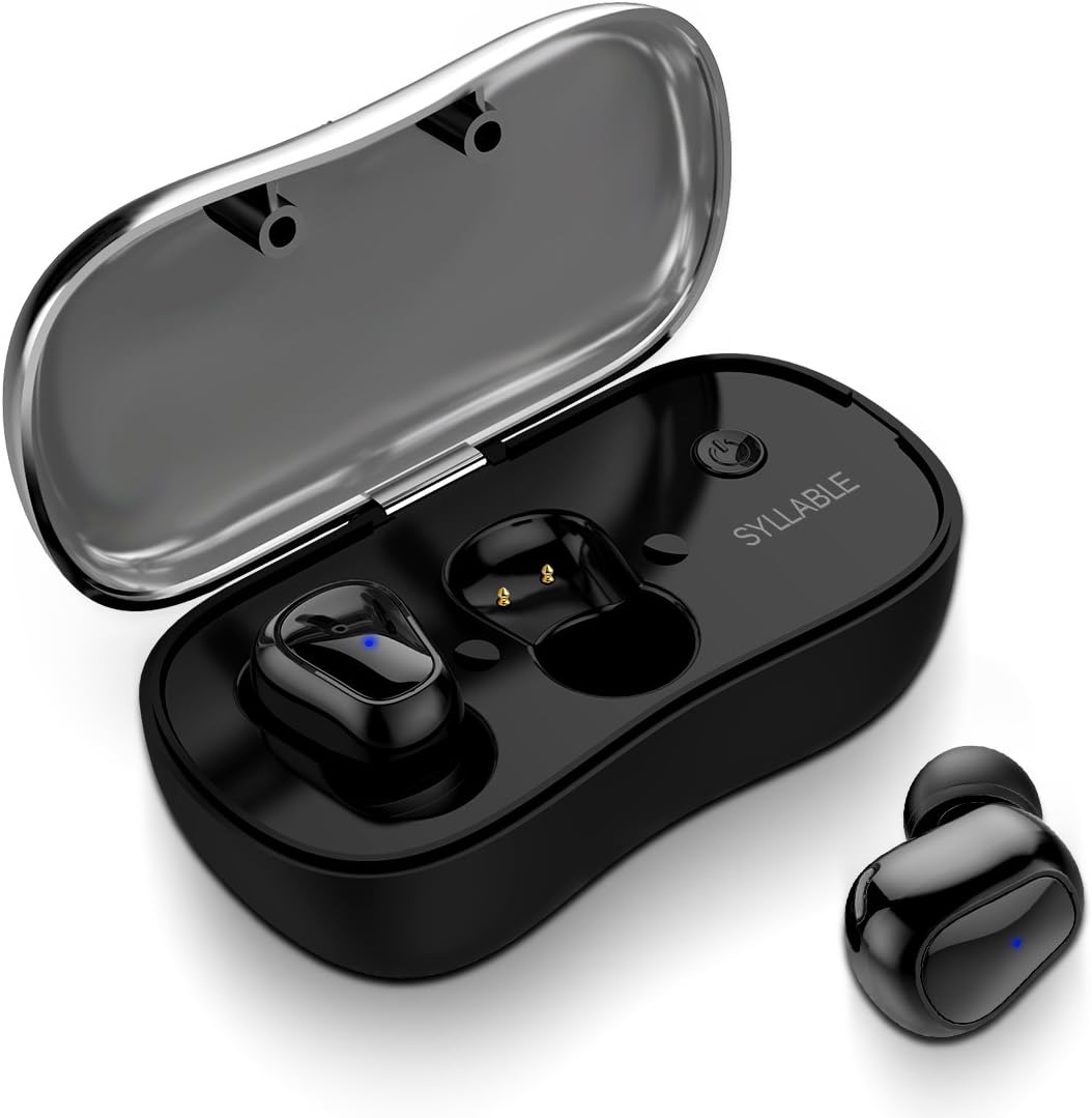 Wireless Bluetooth Earbuds, Syllable Sweatproof in-Ear Earphones with Mic and Smart Charging Box Dock for Sports Running (Black) (Black1)