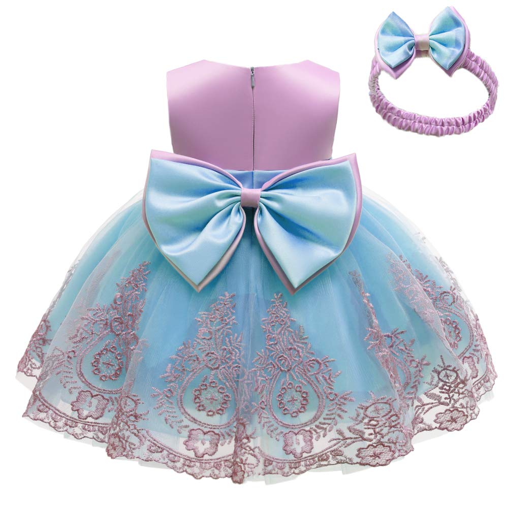 3M-6T Toddler Girls Lace Bowknot Dresses Baby Embroidery Gown Dress with Headwear