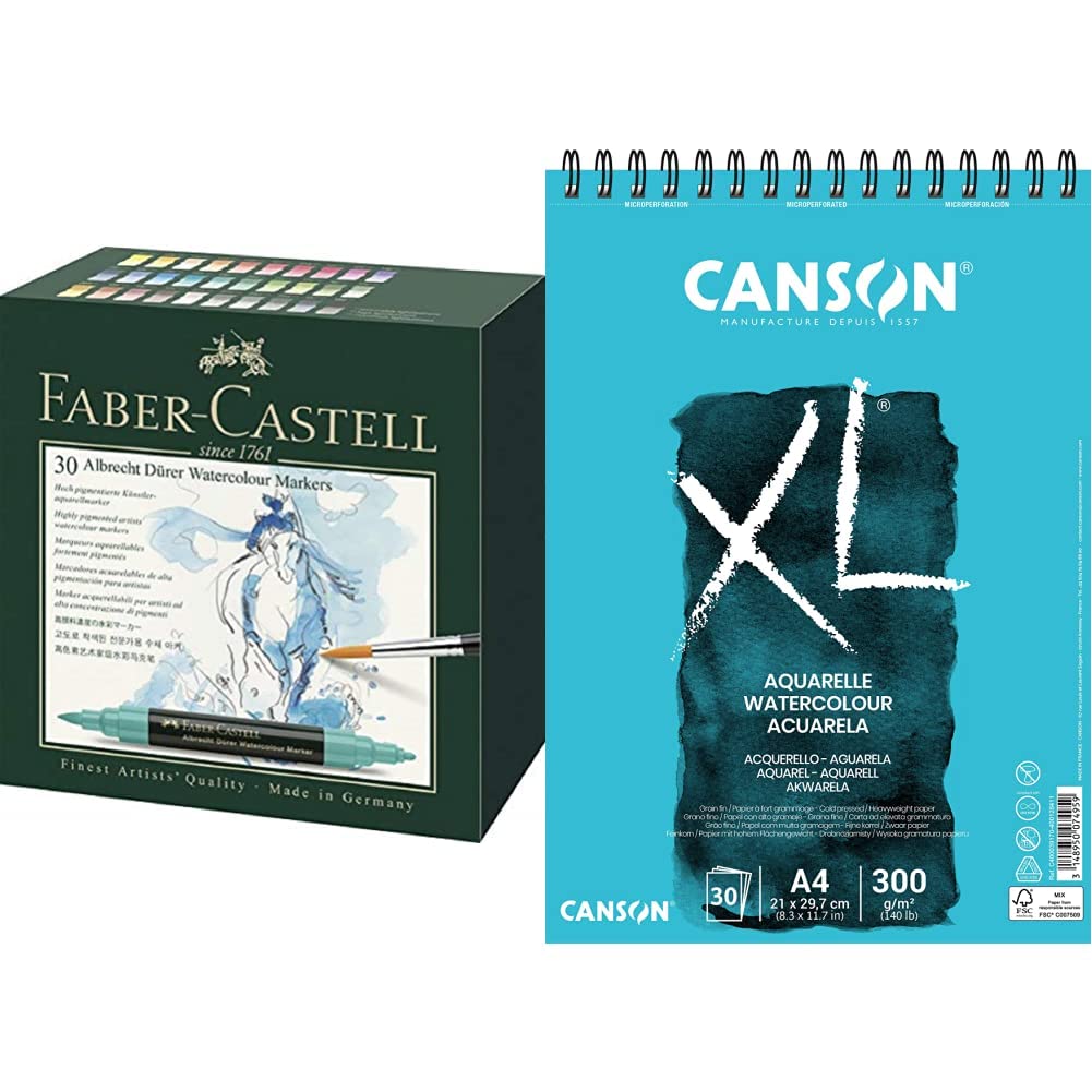 Faber-Castell 160330 Aquarellmarker Albrecht Dürer mit Doppelspitze für flächigen und präzisen Farbauftrag & CANSON XL Aquarelle C400039170: Aquarellpapier - Aquarellblock in DIN A4-300g, Blau
