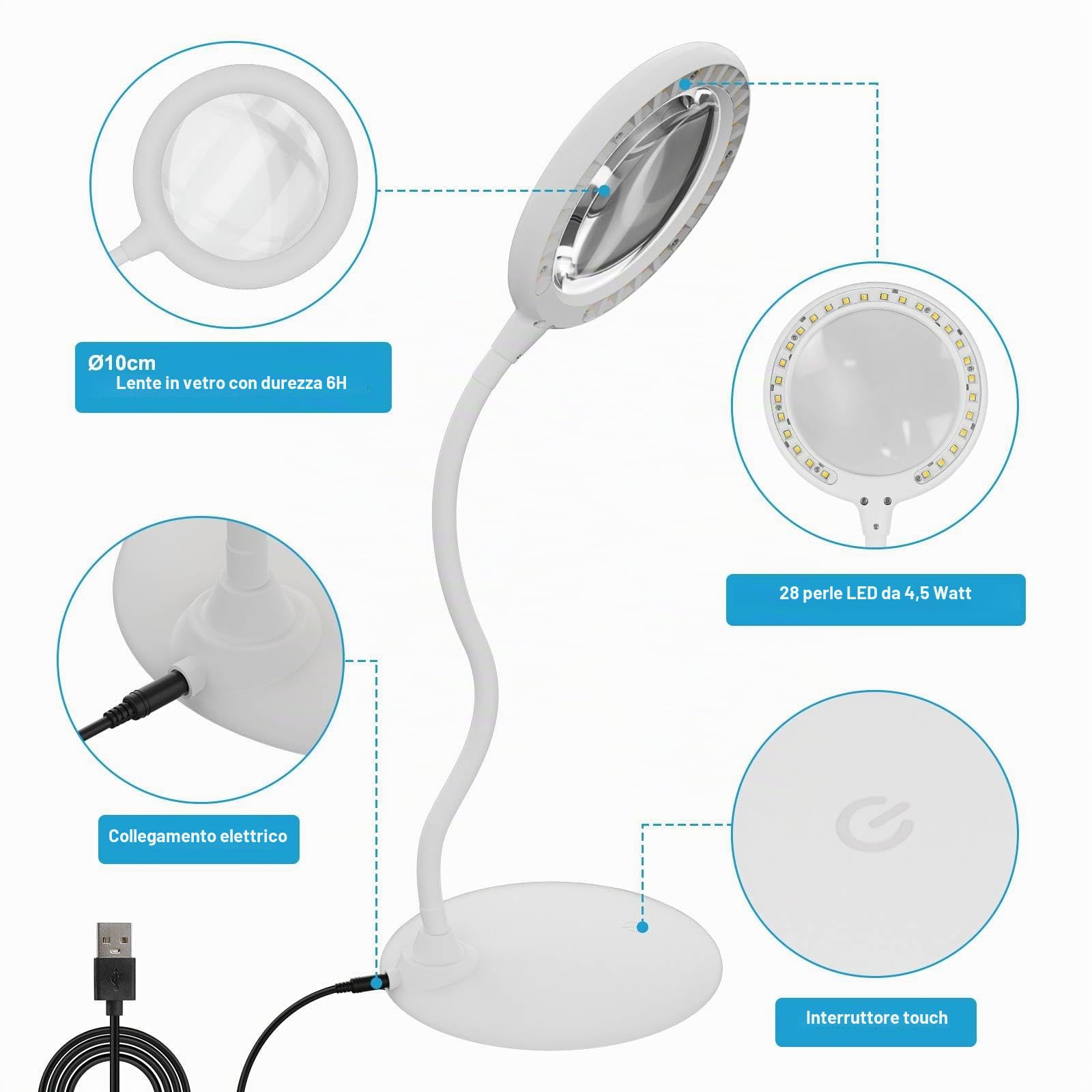5X Lampada con Luce Lente di Ingrandimento, Lente d'ingrandimento con Luce Ricaricabile, Lente Ingrandimento Tavolo con 3 Modalità Dimmerabile Lampada da Ricamo con Lente (Bianco)