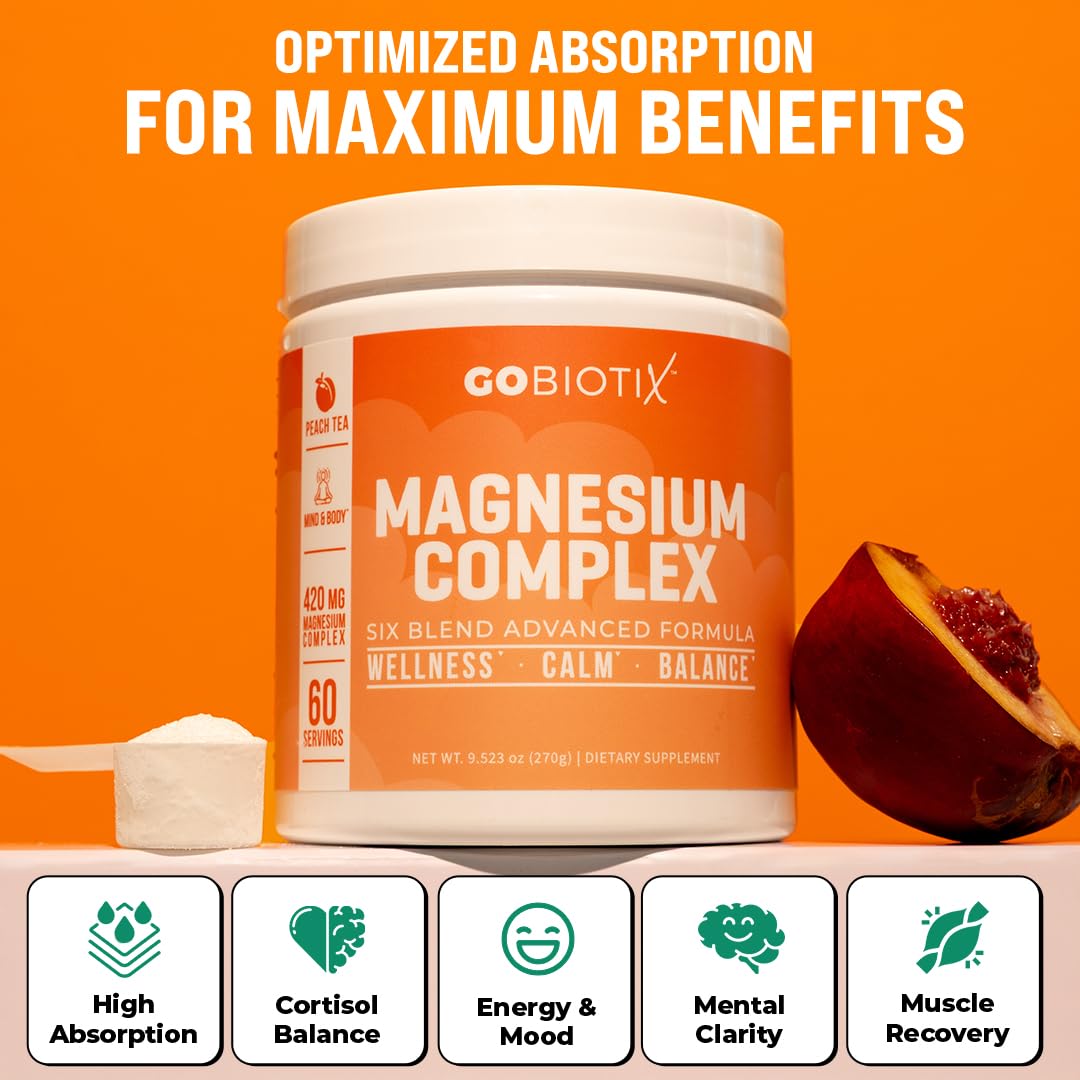 GoBiotix Magnesium Glycinate Powder – Cortisol Supplements for Women and Men – High Absorption Magnesium Complex Calm Supplement with Citrate, Malate – Sugar Free – 420 mg, 60 Servings - Peach Tea