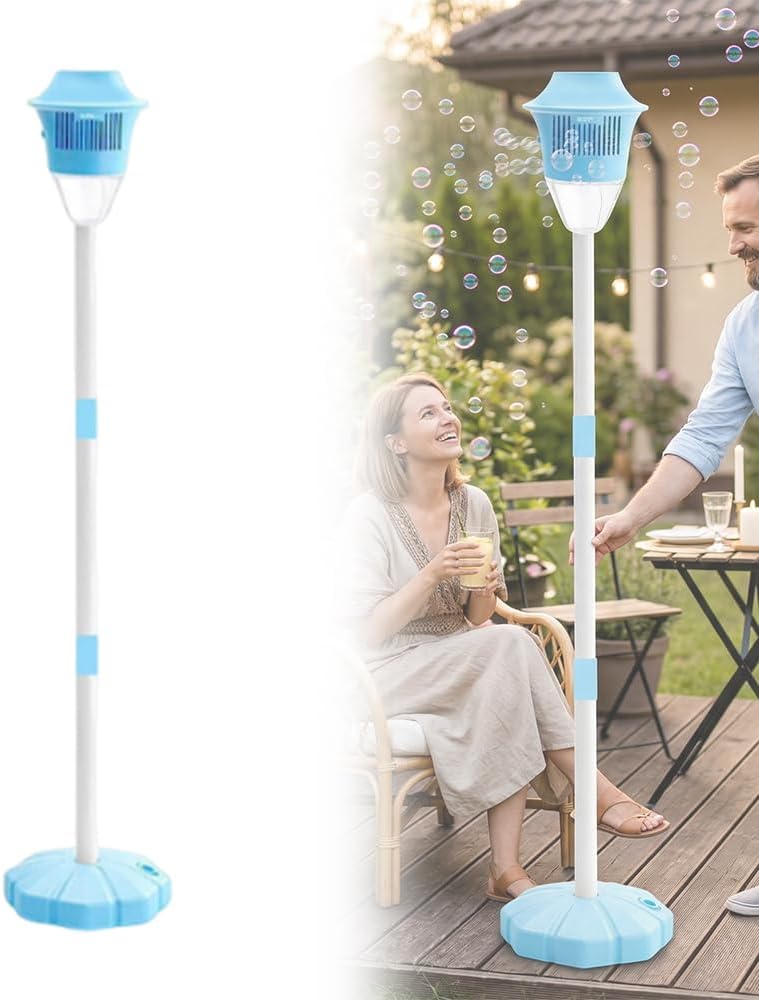 Automatic Bubble Machine with Light & Music, Standing Bubble Maker with Adjustable Height, Battery Powered Bubble Machine for Outdoor Use, Bubble Machine for Parties (Red*1+Blue*1)