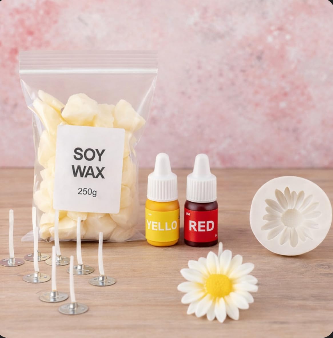 PEAKNOCK DIY Daisy Candle Making Kit, Complete Set with 250g Soy Wax, 10-12 Candle Wicks, Silicone Flower Mold, Yellow and Red Color Dyes for Two-Color Floral Candles, Craft Supplies