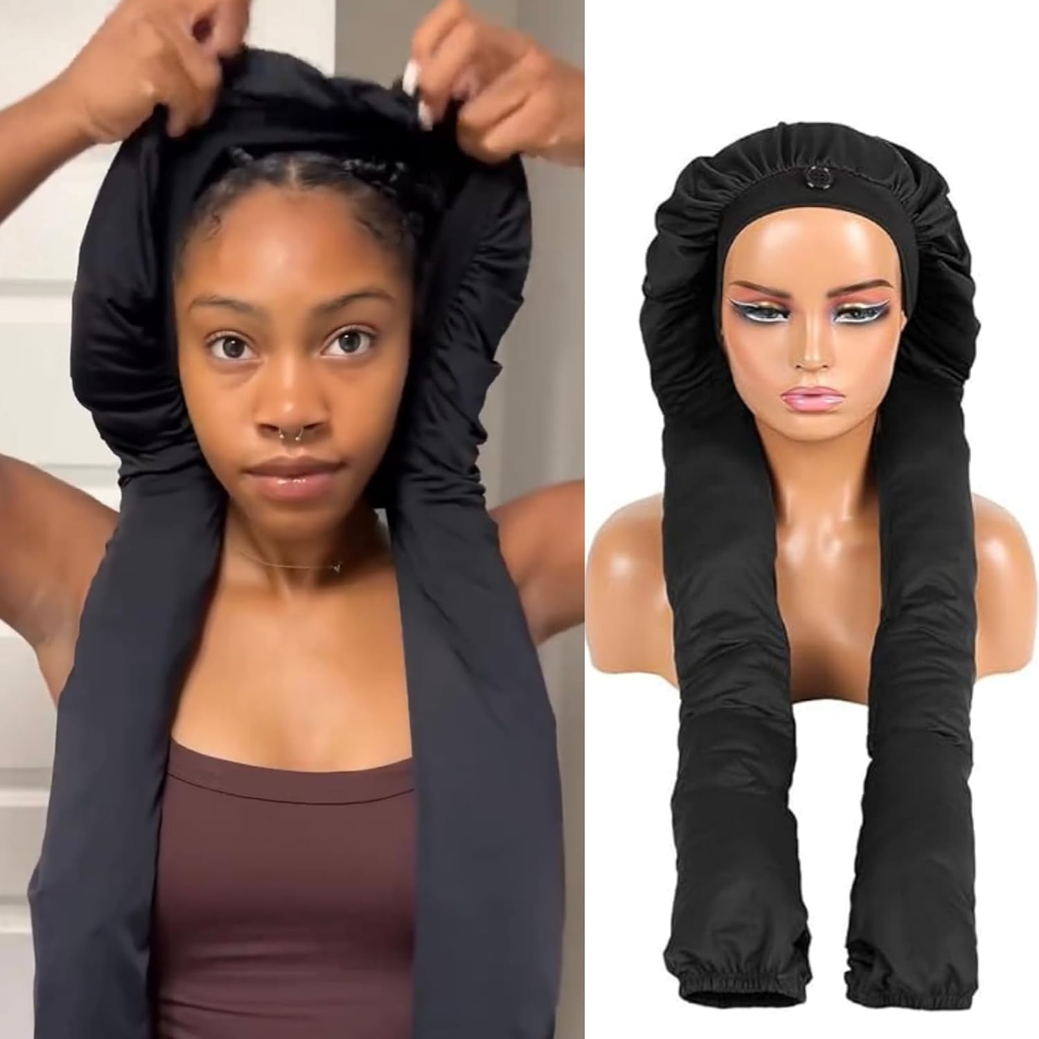 Bonnet for Sleeping Women 2 in 1 Long Braids Protection ，Bonnet for Braids， Reduce Friction Prevent Frizz Black