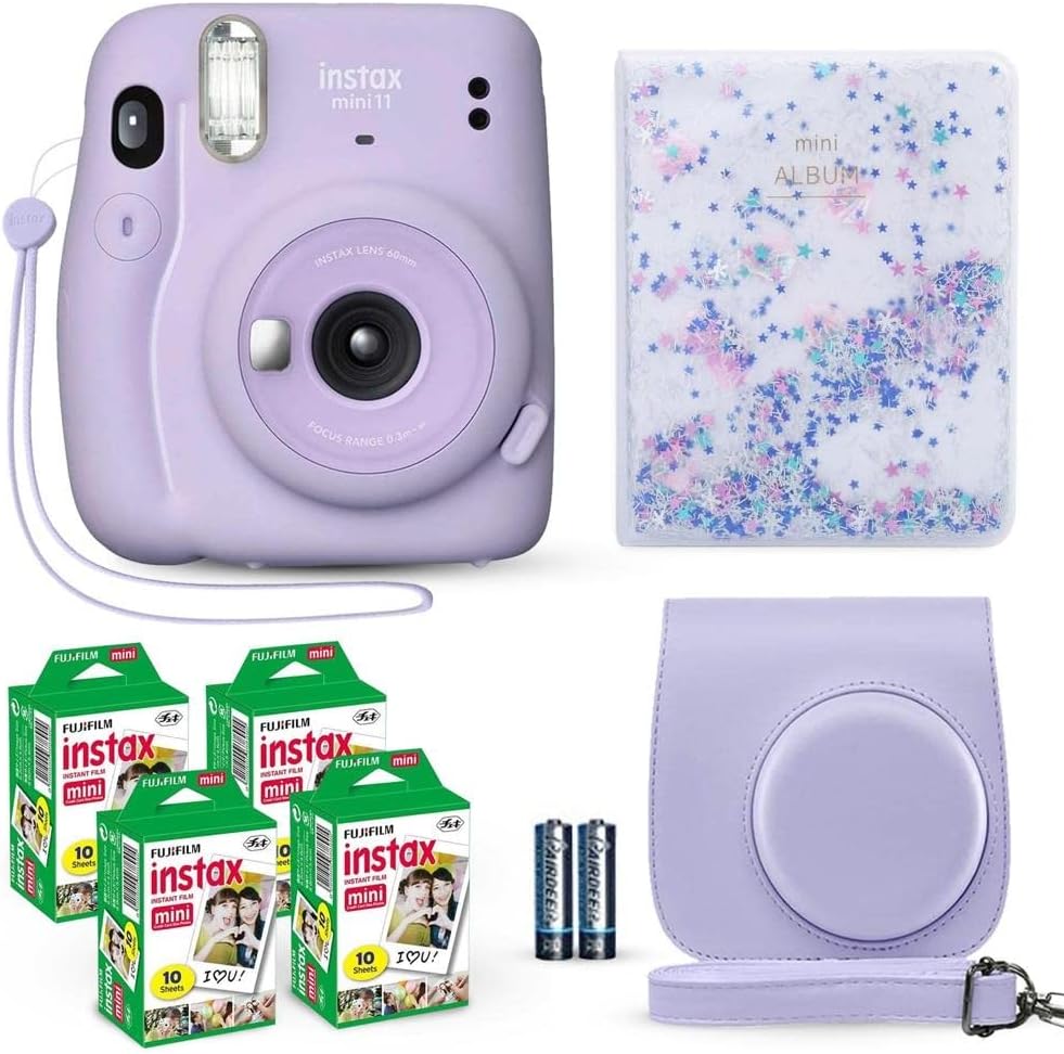 Instax Mini 11 Instant Camera Lilac Purple + Fuji Film Value Pack (40 Sheets) + Shutter Accessories Bundle, Incl. Compatible Carrying Case, Quicksand Beads Photo Album 64 Pockets