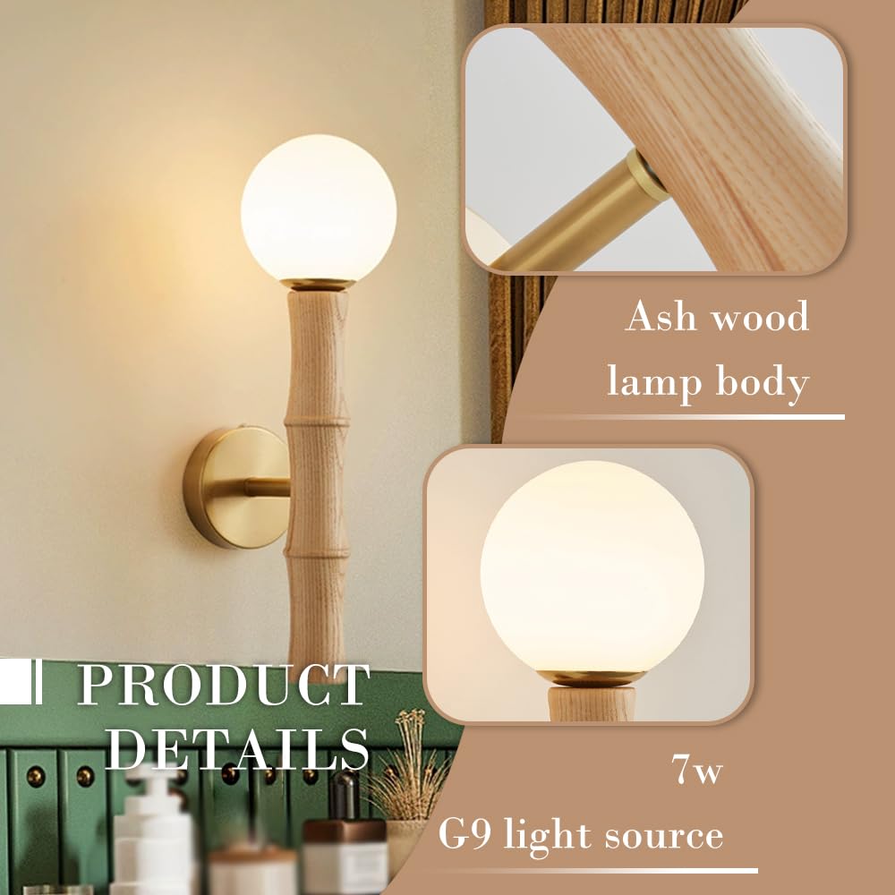 Applique Murale en Forme de Bambou, Applique bougeoir en Bois avec Abat-Jour en Verre, luminaire décoratif pour Chambre d'enfant, Douille G9, Lampe au Design rétro pour Chambre à c