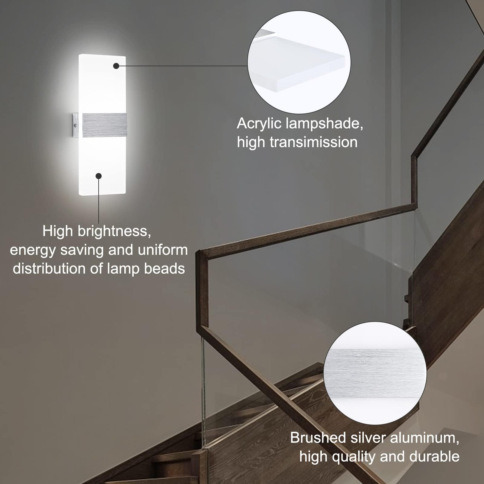 12W Aplique de Pared Interior, Lámparas de Pared LED Modernas, Hacia Arriba Hacia Abajo Iluminación de Pared para el Dormitorio Pasillo Sala de Estar Escaleras (Blanco Frío)