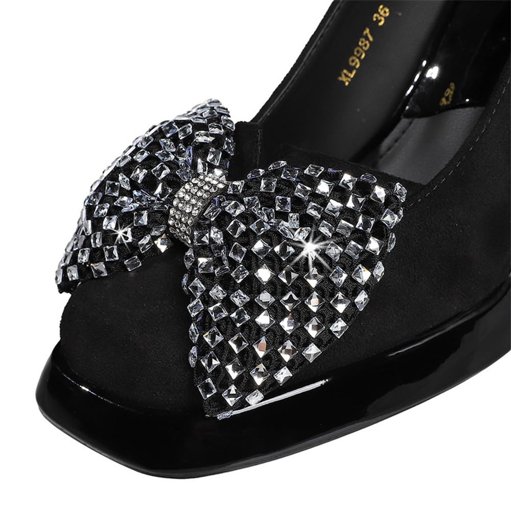 Donna Nero 9cm Quadrato Chiuso Tondo Tacco Alto Arco Decorazione Piattaforma Tacco Grosso Pompa Sandali