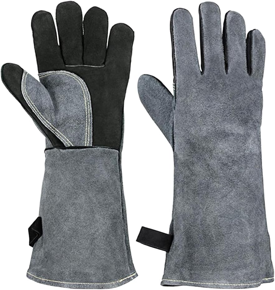 16 inch high-Temperature and fire-Resistant Cowhide Insulated longgloves/Barbecue/Oven/Fireplace/Barbecue/Smoking/Welding/Forged Gloves (Dark Gray)