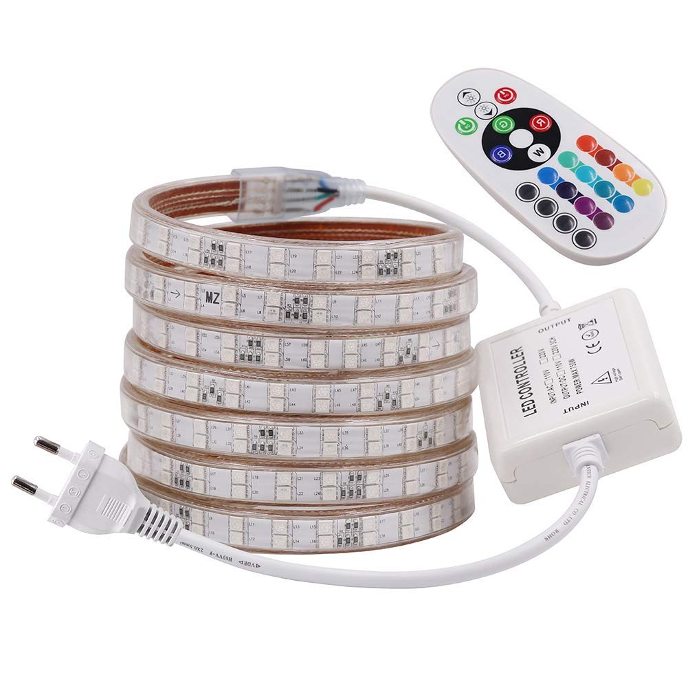 XUNATA Ruban à LED RGB, AC 220V 230V 5050 120leds / m IP65 étanche, Strip Flexible Bande, Pas d'auto-adhésif, LED Strip Light avec changement de 24 Touches Télécommande (11M)