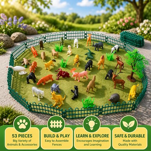 Image of Animals Set for Kids | Safari Animal Figures & Zoo Animal Toys with Trees, Fences & Mini Animal Figurines |50+ Pieces| Toys for Kids 3-5 Years